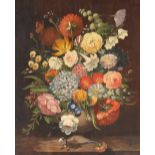 19th Century Dutch school style still life study, depicting large urn of flowers on a ledge,