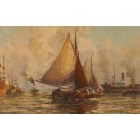 E. Wiegman, study of busy shipping scene with steam ships and sail boats coming into port, signed