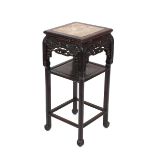 A Chinese hardwood Cachepot stand, having marble inset square top raised above a carved and