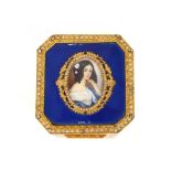 A gilded hinged box, the lid with enamel decoration and central miniature portrait, 9.5cm high;