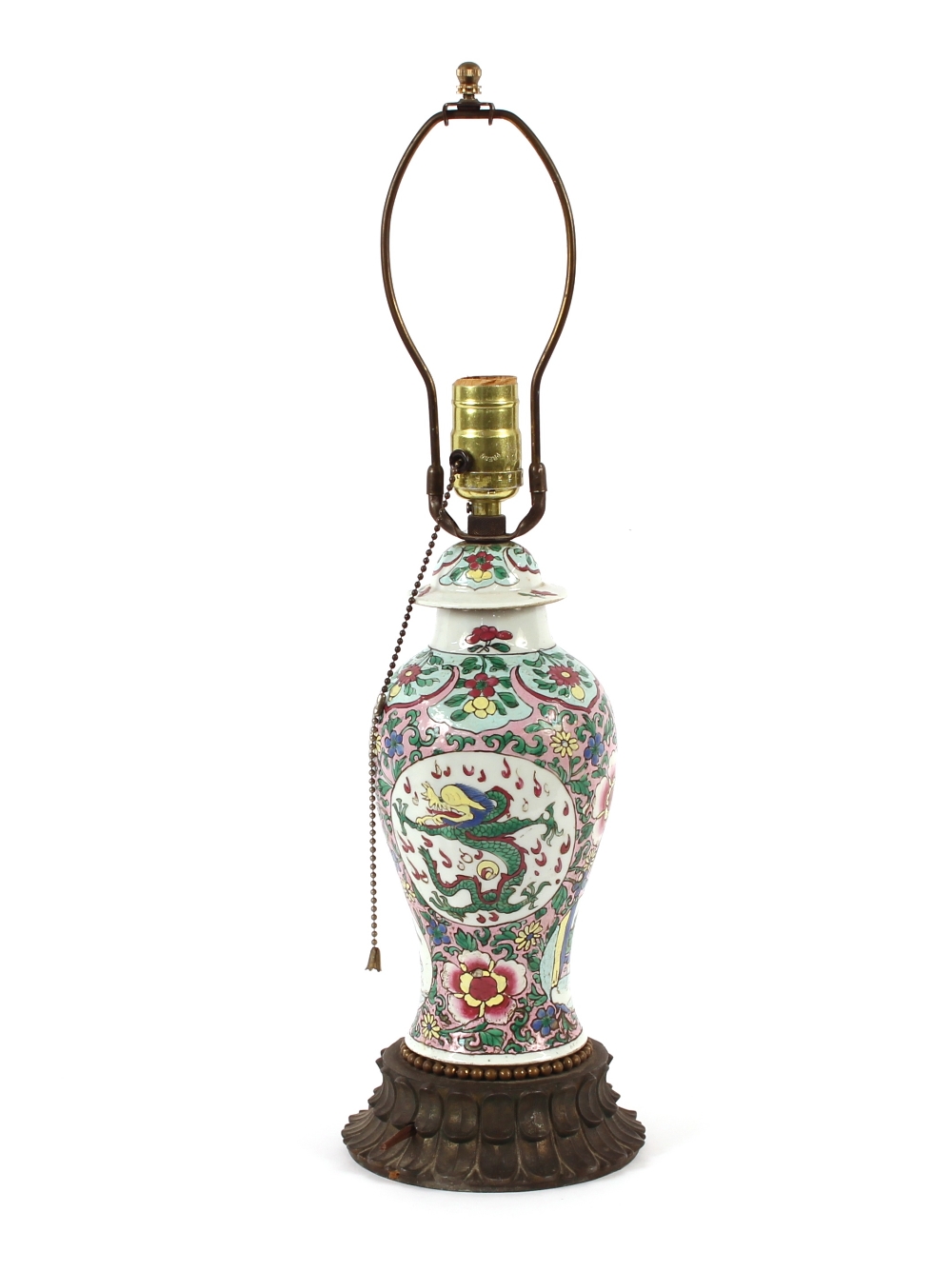 A famille rose decorated baluster table lamp, having gilt metal foliate base, the body decorated