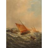 After John Moore, study of sailing vessels in heavy seas, unsigned oil on canvas, 40cm x 30cm