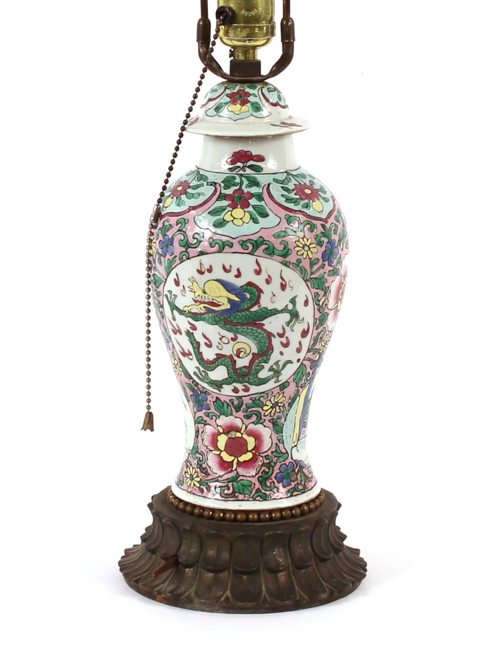 A famille rose decorated baluster table lamp, having gilt metal foliate base, the body decorated - Image 2 of 2