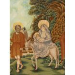 An antique woolwork and silkwork picture, depicting Mary, Joseph, and the baby Jesus making their