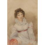 T. Woolnough, exhibited 1828-1857, study of a seated lady in white and pink satin trimmed dress,