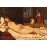 After Titian, 19th Century study of The Venus of Urbino, oil on board, 25cm x 36cm
