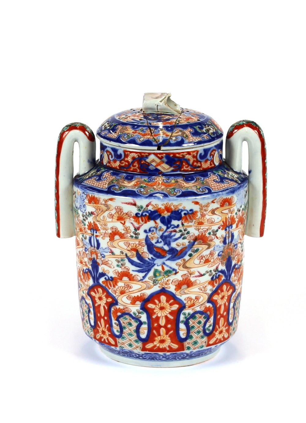 A Japanese Imari baluster vase and cover, having loop handles decorated in tradiitonal pallet, lid