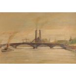 Arthur Goodwin, 1922-1998, view of a river bridge with steam tug, pastel, 25cm x 37cm, labels verso