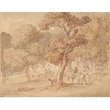 Thomas Rowlandson, 1756-1827, study of a hunt in full cry through wooded landscape, watercolour,