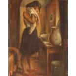 James Govier, study of a girl stood by a wash basin, signed oil on board, 35cm x 28cm