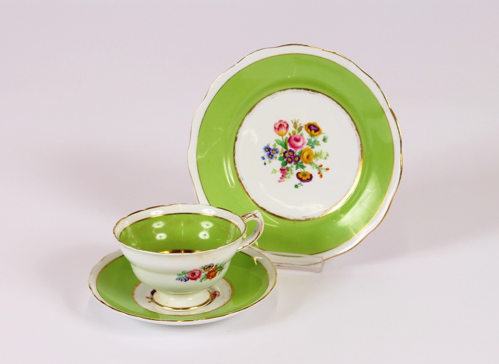 A part Copelands Grosvenor china tea set, having painted floral spray decoration and apple green