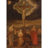 17th Cenutry school, European depiction of the Crucifixion, oil on panel, initialled C.R.and dated