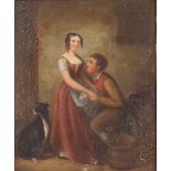 19th Century school, study of young couple in cottage interior with attendant dog, unsigned oil on