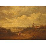 Suffolk school, study of figures on a country path, windmill and cottage nearby, unsigned oil on