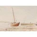 John Western, study of the Deben with quay and numerous sailing vessels, signed and dated 1988, 33cm