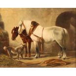 A Richards, shire horses and dog in stable, oil on panel, 20cm x 26cm