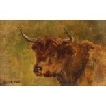 Louis B Hunt 1856-1929,  highland cow oil on canvas, signed and dated '93, 21cm x 31cm