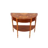 A Sheraton style demi-lune two tier side table, with marquetry style decoration, 90cm wide