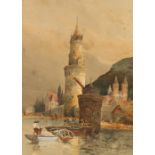 P Fletcher-Watson, "Andernack on the Rhine" signed watercolour, 51.5cm x 36cm