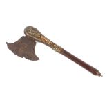 An Antique iron, wood and brass mounted ethnic axe, 56cm long
