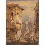 J. Raffles, French street scene and marketplace with people going about their daily business, signed