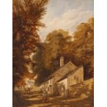 Attributed to Frederick Henry Henshaw, study of figures outside of cottages in a country lane,