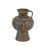 A bronze and cloisonné decorated pitcher, of baluster form decorated bands of figures and foliage