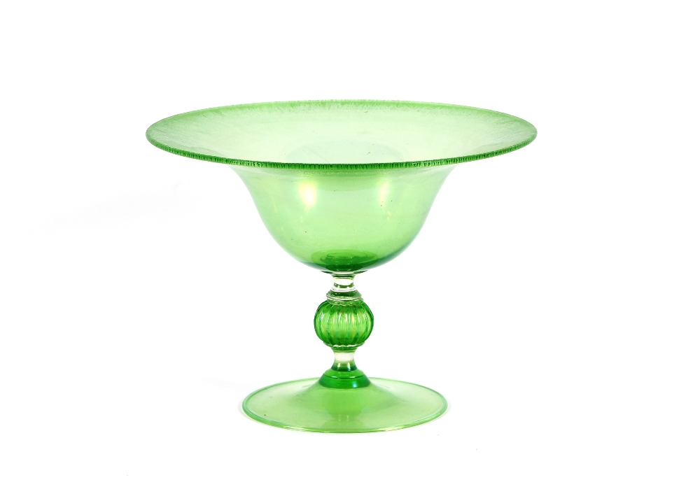 An iridescent green glass comport, 29.5cm dia. x 21.5cm high