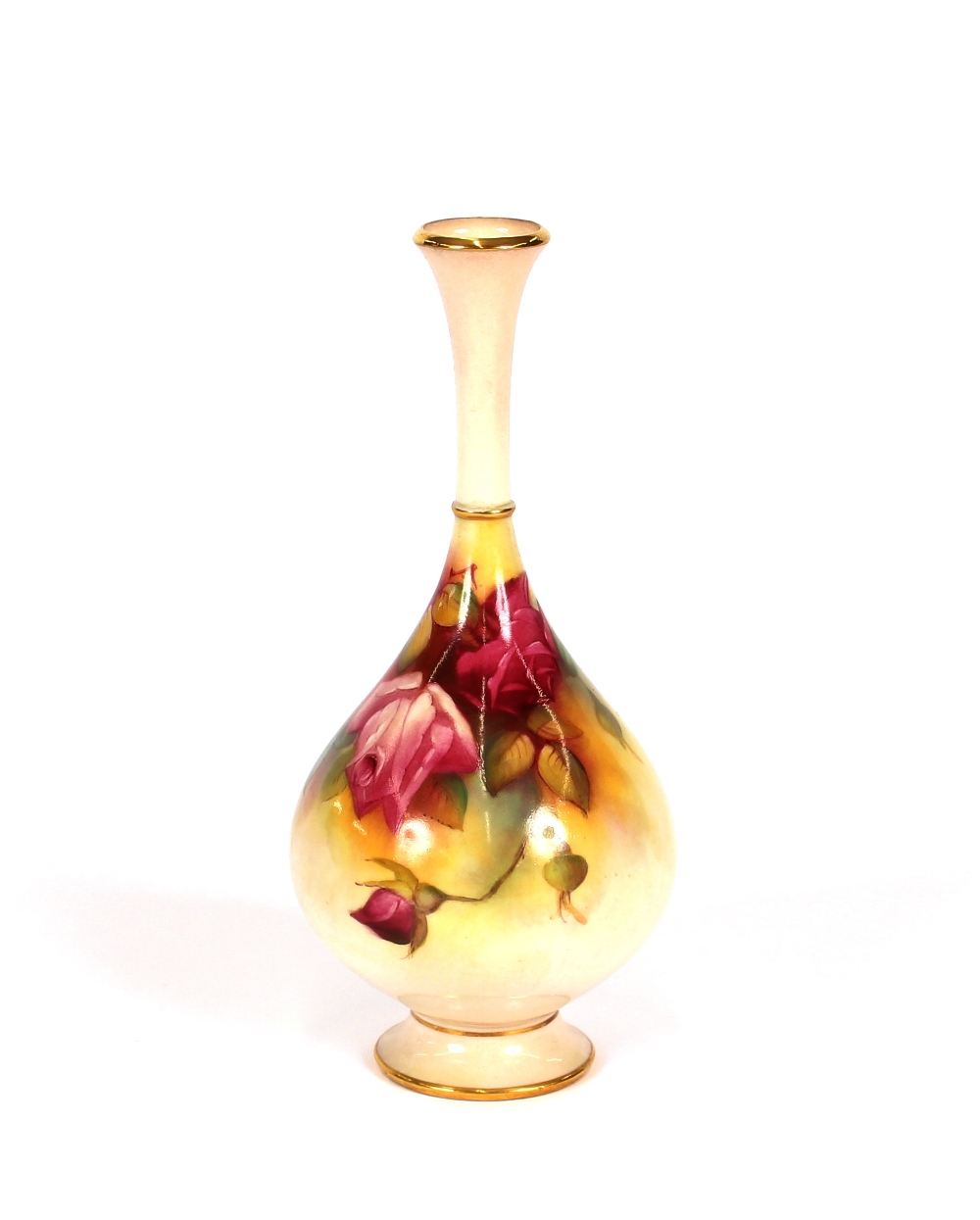 A Royal Worcester baluster posy vase, decorated with roses by M. Hunt, 21cm high