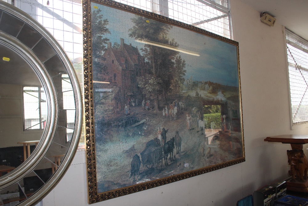 A large gilt framed puzzle depicting horse and car