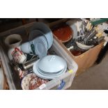 Two boxes of various china; cutlery etc