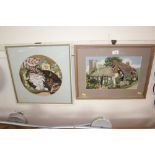 Two framed needlework embroideries depicting a tha