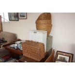 Two linen baskets, a footstool and a wicker picni