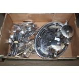 A box of cutlery and stainless steel items