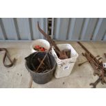 Three buckets of various items to include some blacksmith's tools, chains etc.