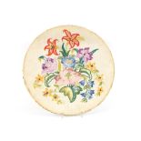 A circular floral embroidery, unframed, 39cm dia.