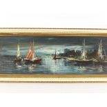 L H Bonnar, study of boats on a river, 35cm x 101c