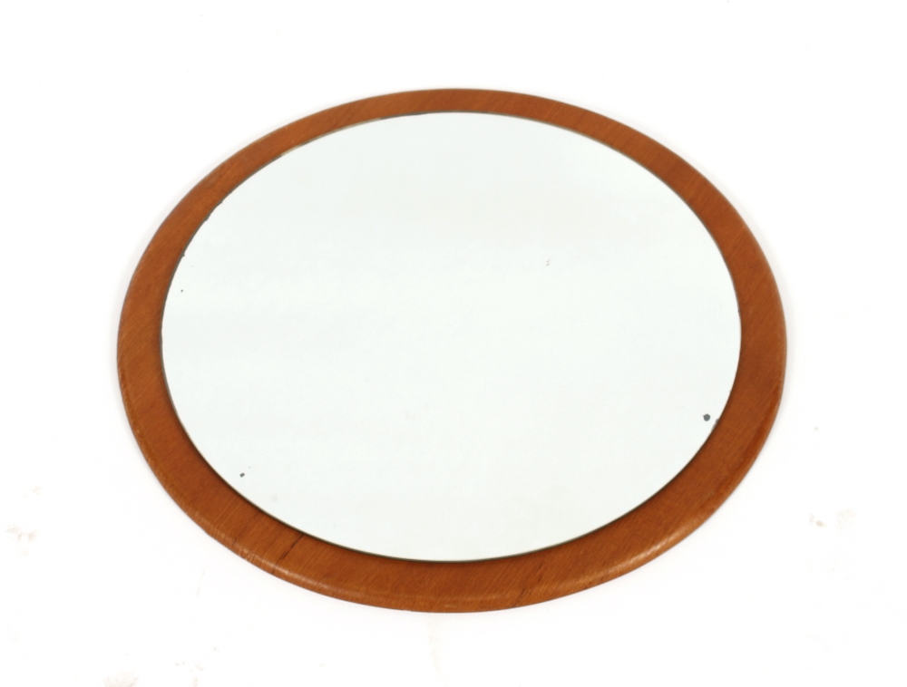 A teak framed circular wall mirror, 60cm dia. overall