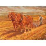 Louise Harward, Suffolk ploughman and pair of Suffolk Punches, oil on