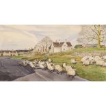 Michael Cox, "Sheep In The Cotswolds", signed wate