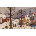 A woolwork picture depicting a snowy village scene