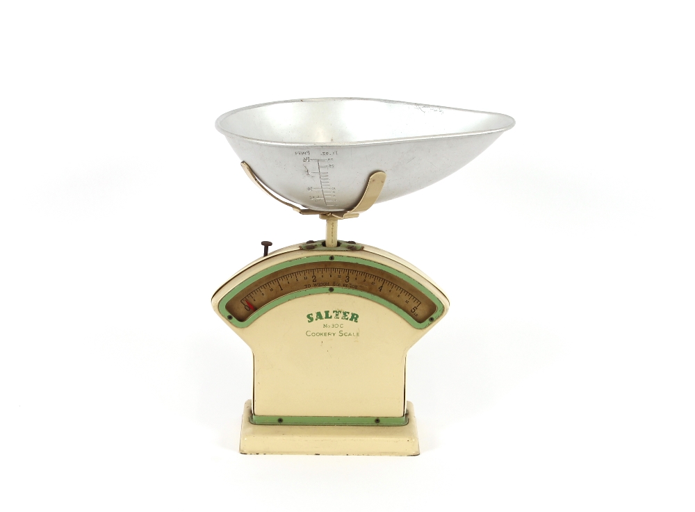 A set of Salter cookery scales with original tray