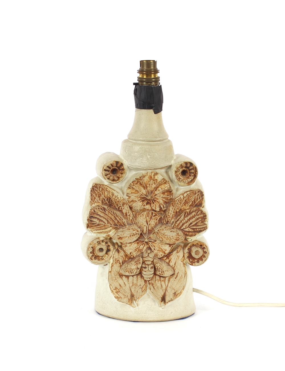 A Bernard Rooke pottery table lamp, with insect and leaf d