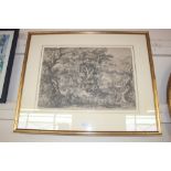 A gilt framed black and white engraving depicting