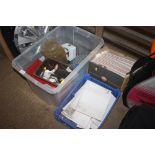 Two plastic crates of various fittings and tiles a