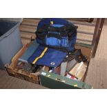 Two boxes of various hand tools and a Fosters bag