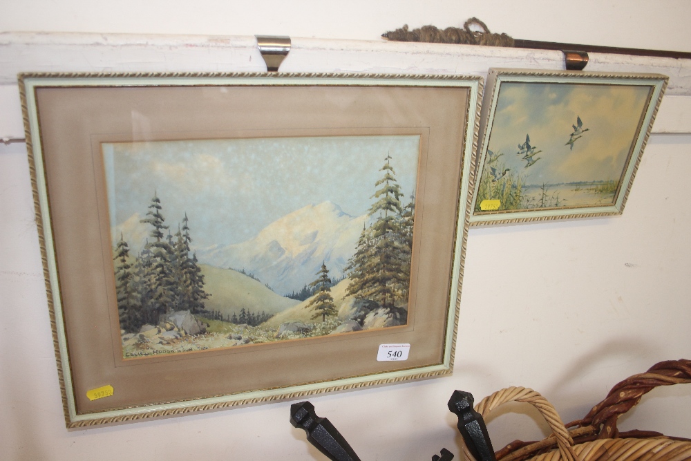 A framed watercolour study depicting an alpine