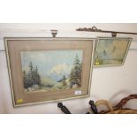 A framed watercolour study depicting an alpine