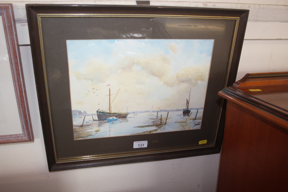 A framed watercolour study of 'The Deben River'