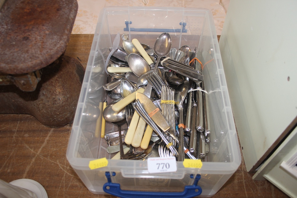 A box of various silver plated cutlery etc.